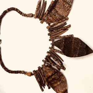 Vintage Handcrafted Wood Statement Necklace 1970s–1980s, Natural Carved Elements